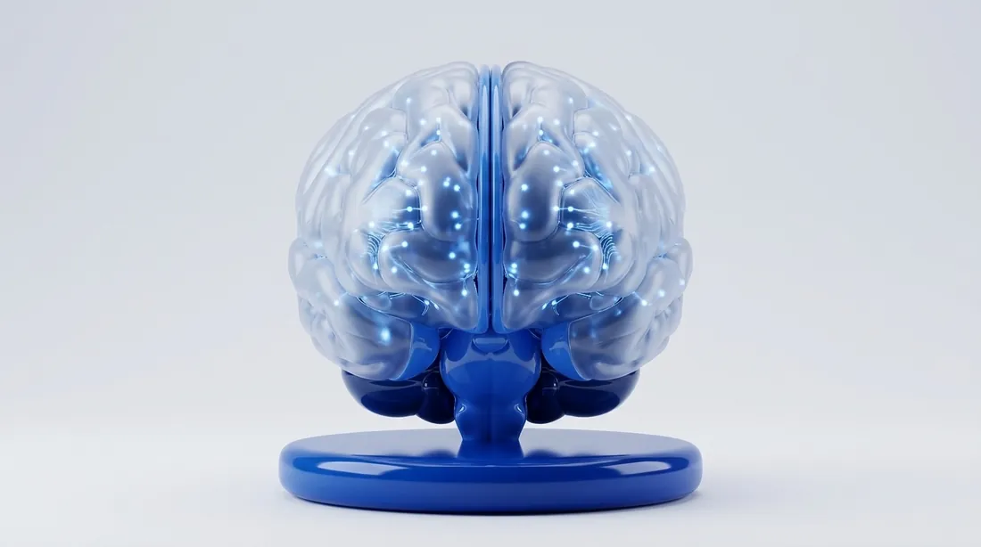 Un cerveau 3D bleu posé sur un socle